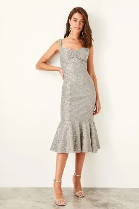 10929 Grey Silvery Midi Lace Dress