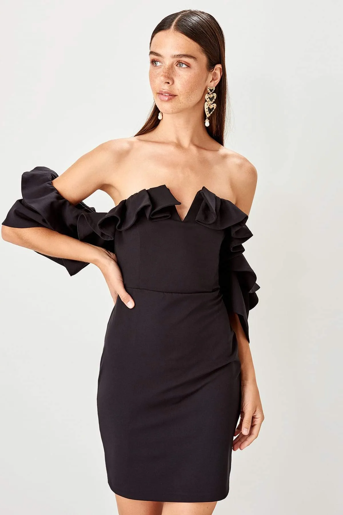 11616 Black Ruffle Off-Shoulder Dress