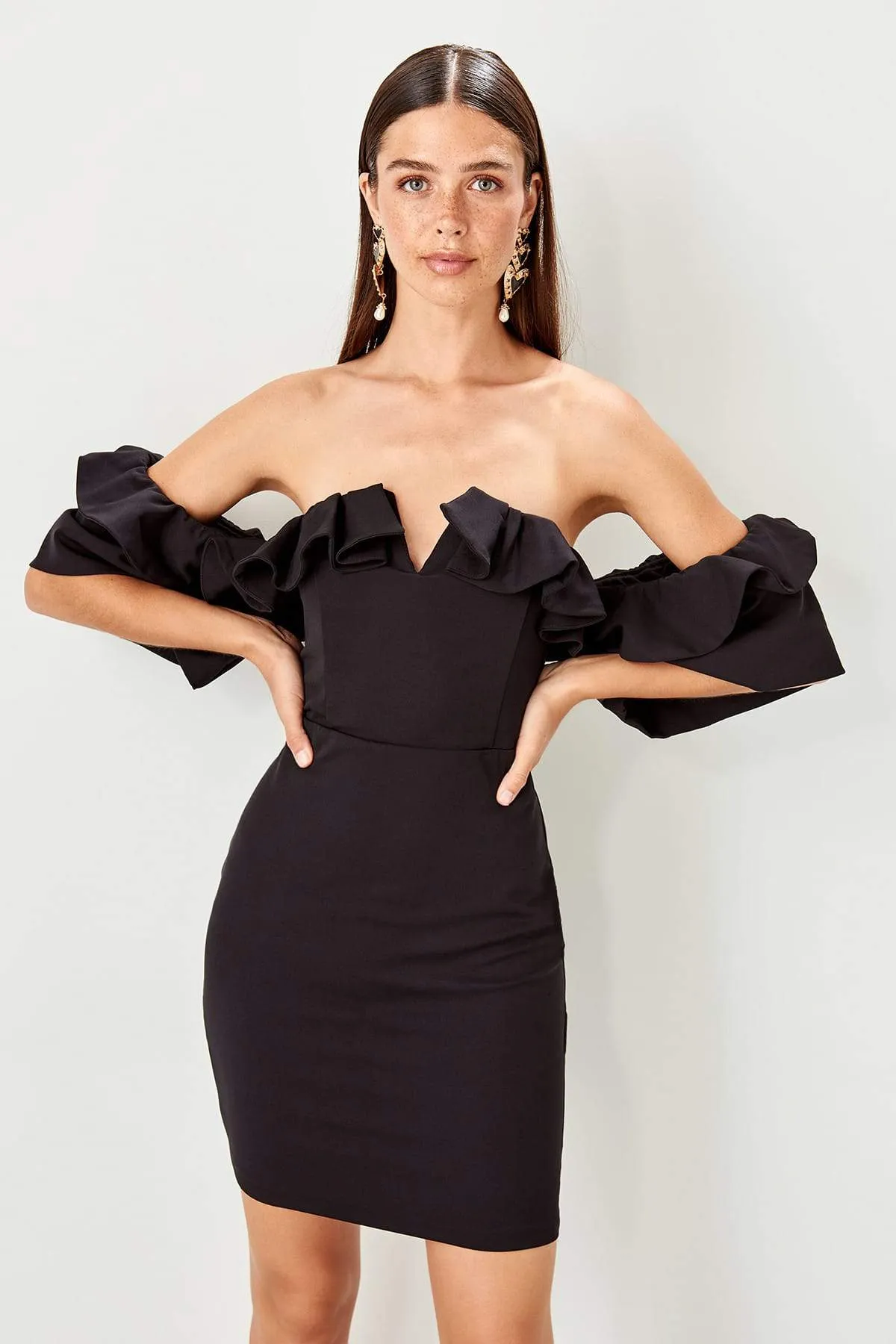 11616 Black Ruffle Off-Shoulder Dress