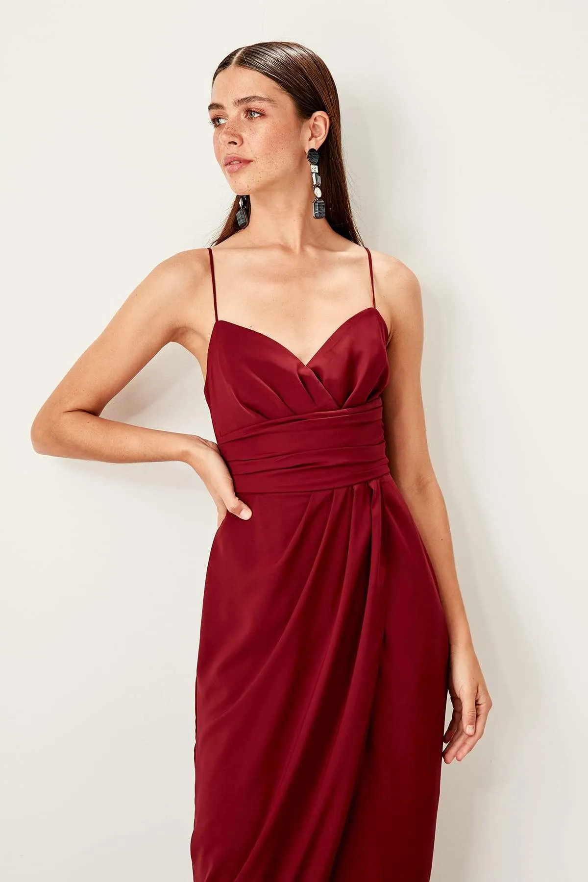 11662 Burgundy Draped Midi Dress