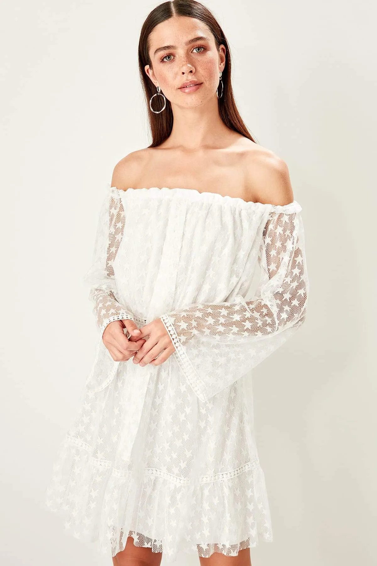 11674 Ecru Off-Shoulder Fishnet Dress