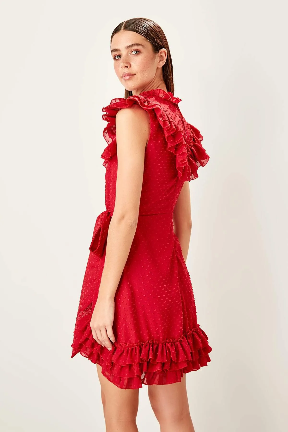 11678 Red Ruffle Tie Waist Dress