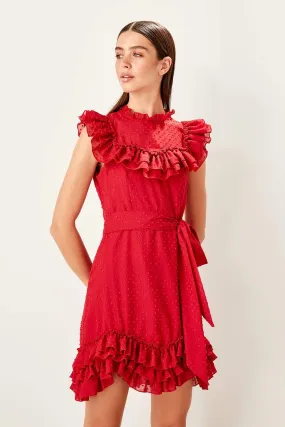 11678 Red Ruffle Tie Waist Dress