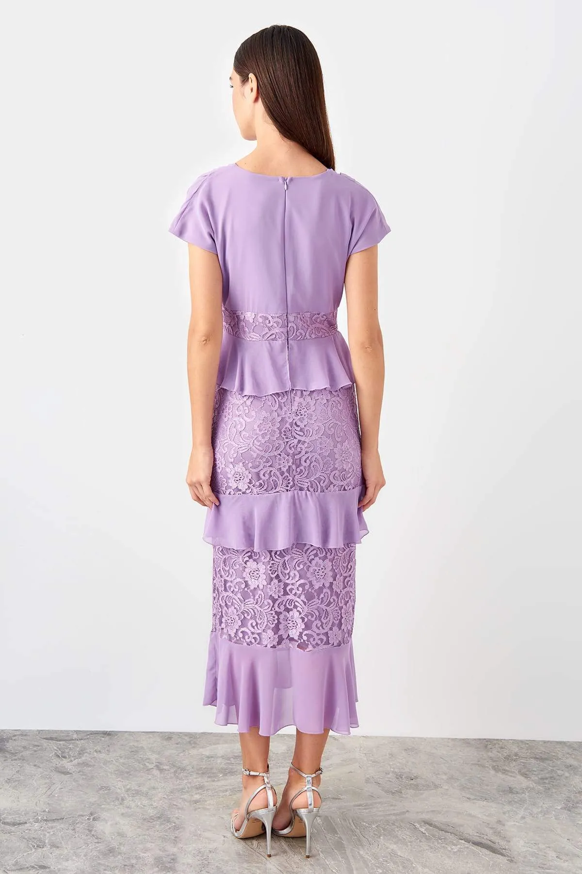 11691 Lilac Chiffon Lace Tiered Dress