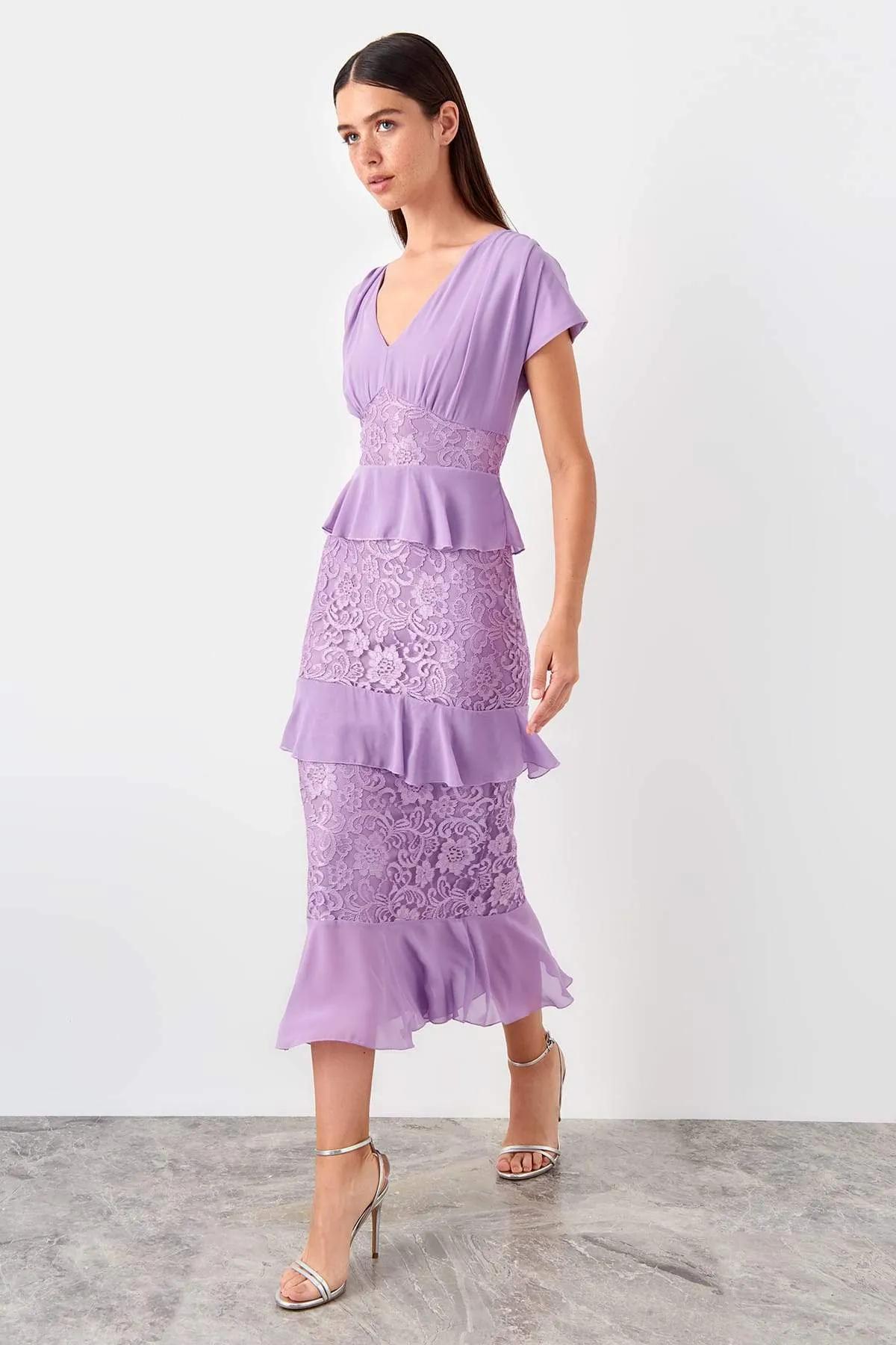 11691 Lilac Chiffon Lace Tiered Dress