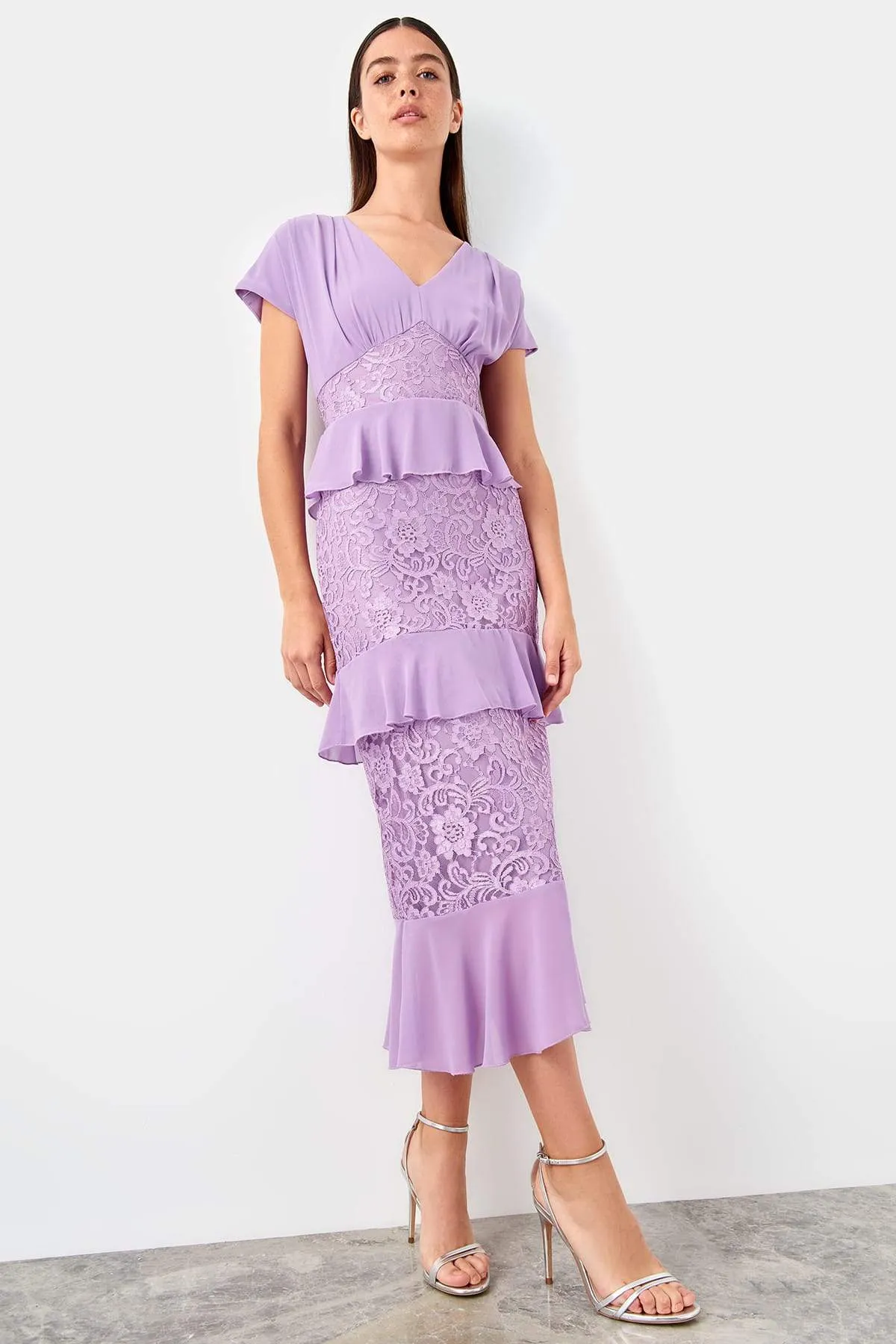 11691 Lilac Chiffon Lace Tiered Dress