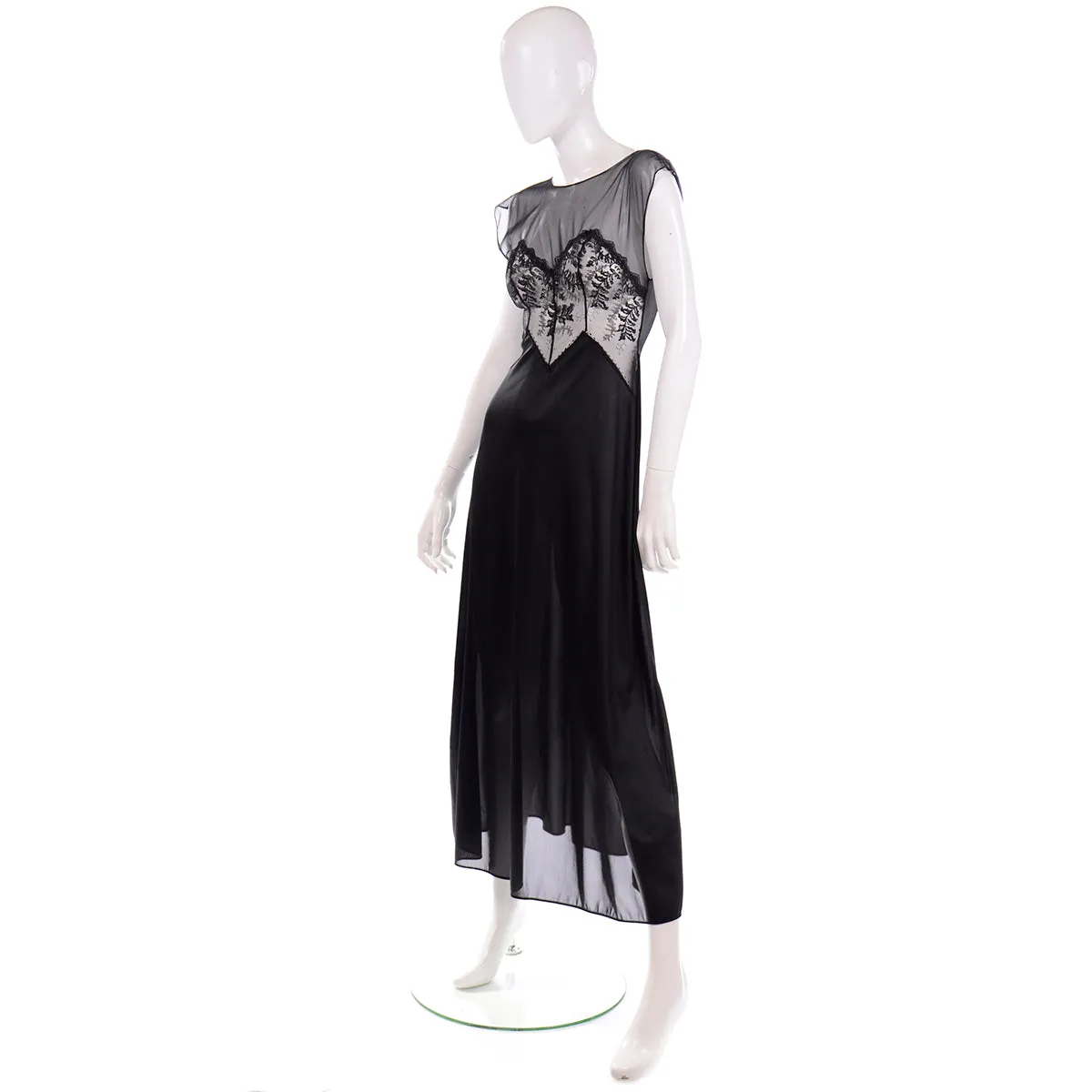 1950s Val Mode Black Nylon Nightgown w/ Sheer Lace