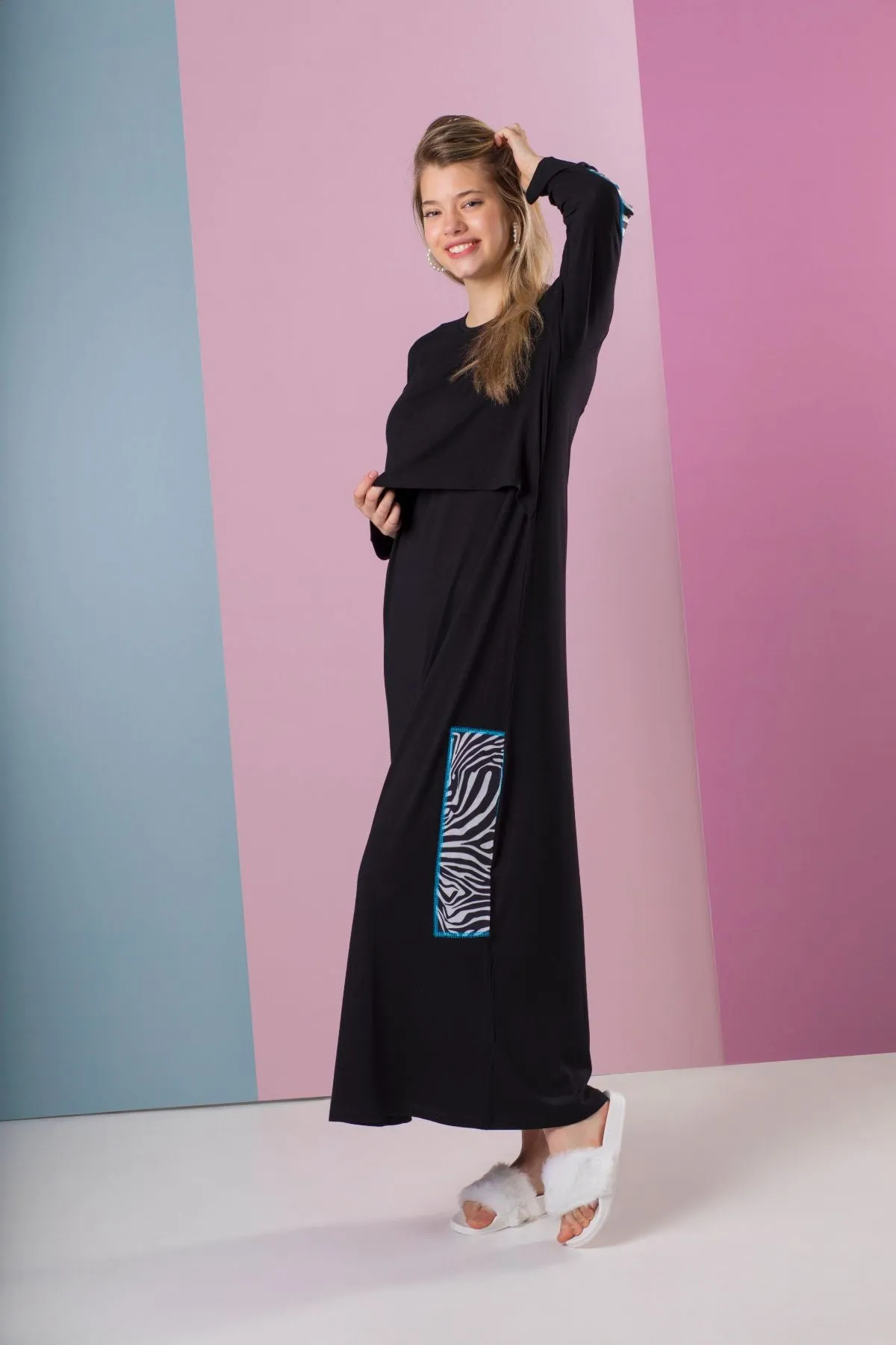 211-N Black Modal Nursing Nightgown with Zebra Printed Patches