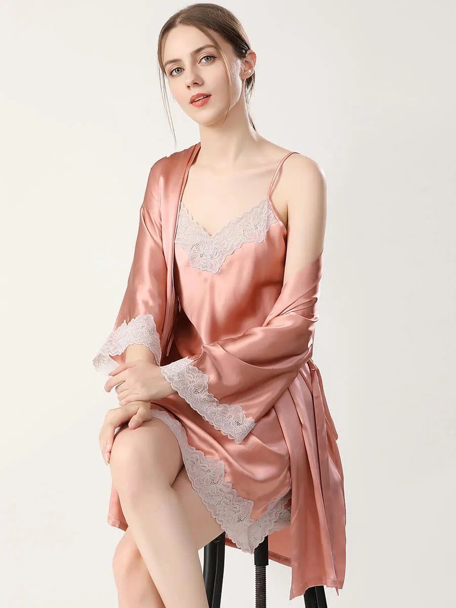 22 Momme Fancy Silk Lace Chemise Nightgown And Robe Set