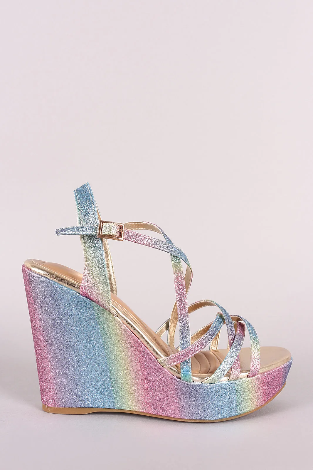 Bamboo Colorful Glitter Pastel Open Toe Crisscross Platform Wedge