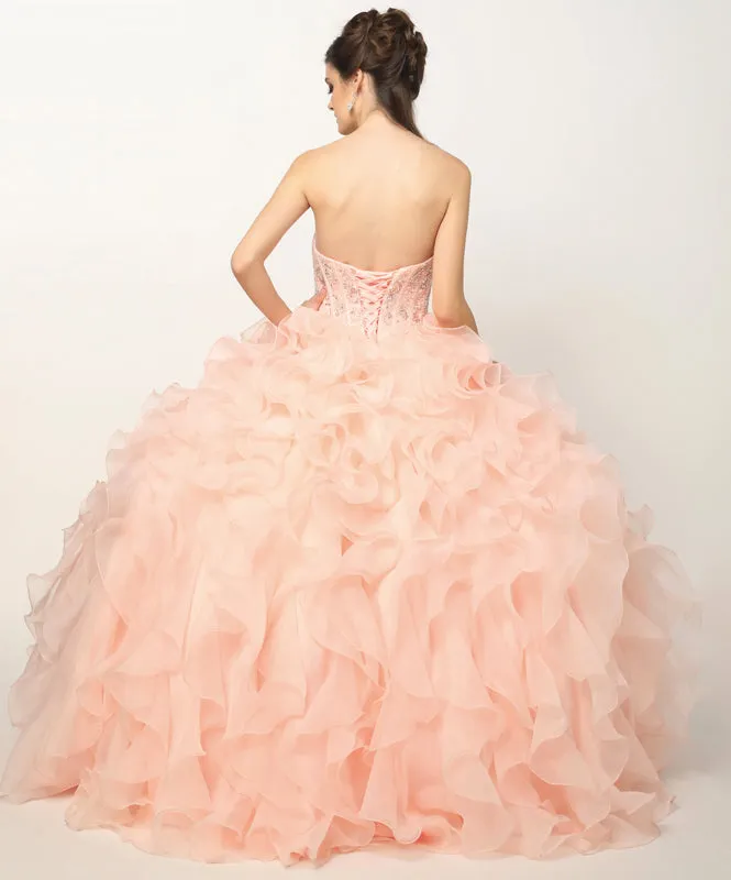 Beaded Corset Bodice with Organza Ruffle Skirt Ball Gown Quinceanera Dress