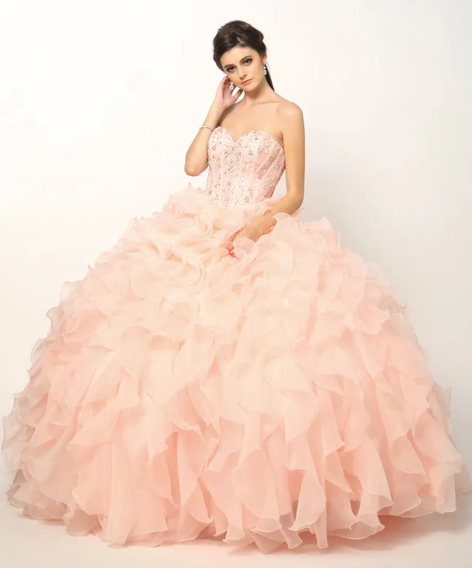 Beaded Corset Bodice with Organza Ruffle Skirt Ball Gown Quinceanera Dress