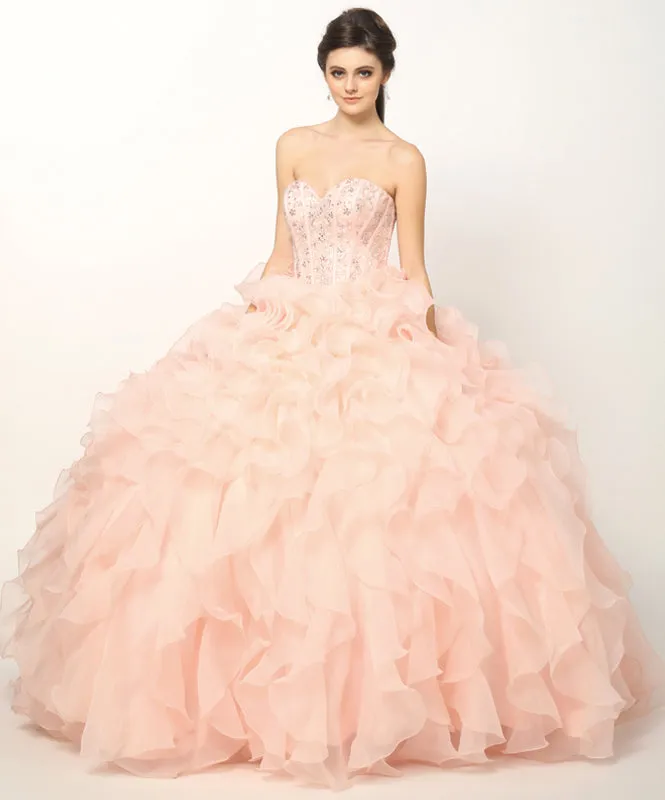 Beaded Corset Bodice with Organza Ruffle Skirt Ball Gown Quinceanera Dress