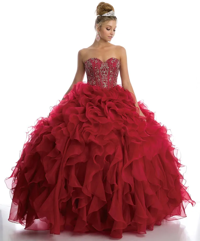 Beaded Corset Bodice with Organza Ruffle Skirt Ball Gown Quinceanera Dress