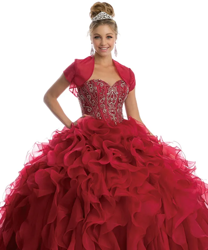 Beaded Corset Bodice with Organza Ruffle Skirt Ball Gown Quinceanera Dress