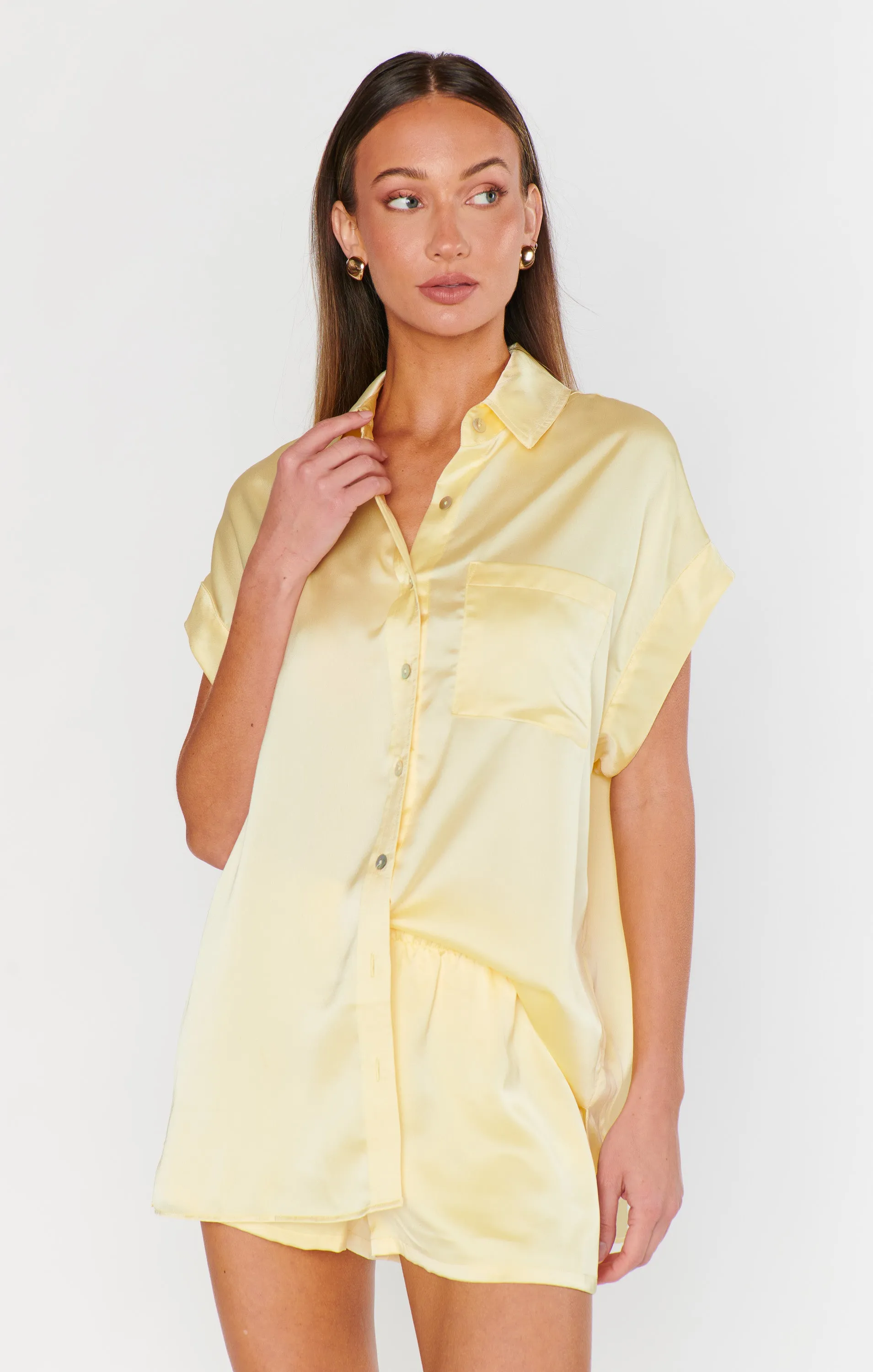 Best Day Button Up ~ Pale Yellow Luxe Satin