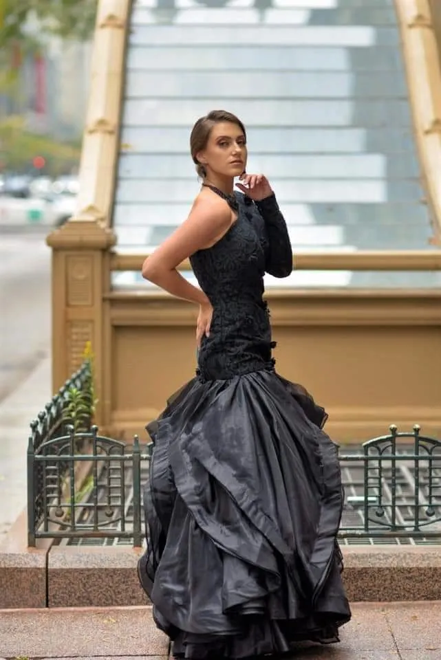 BLACK ROSE Mermaid Lace Organza Ruffle Evening Gown