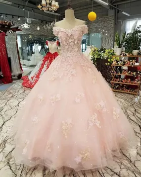 Blush Pink Flowers Tulle Off Shoulder Quinceanera Dresses Ball Gowns