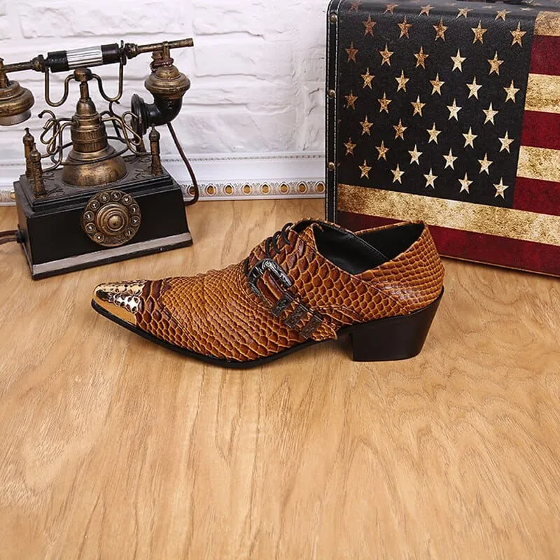 Brown Snakeskin Leather Dress Shoes with Metal Head for Men