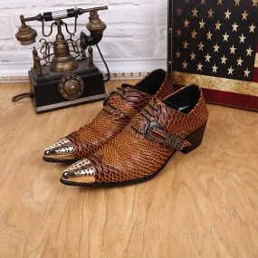 Brown Snakeskin Leather Dress Shoes with Metal Head for Men