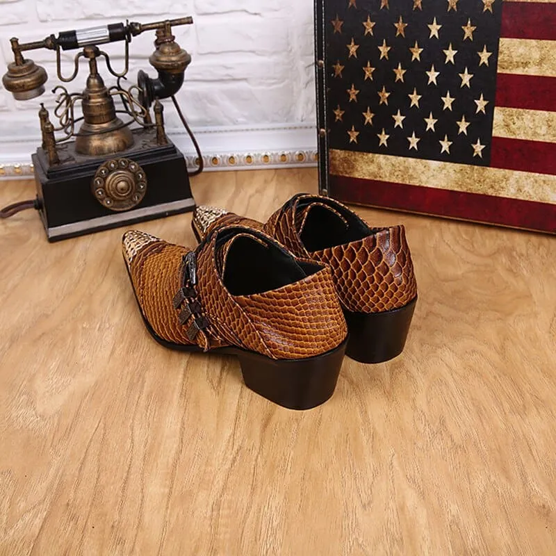 Brown Snakeskin Leather Dress Shoes with Metal Head for Men