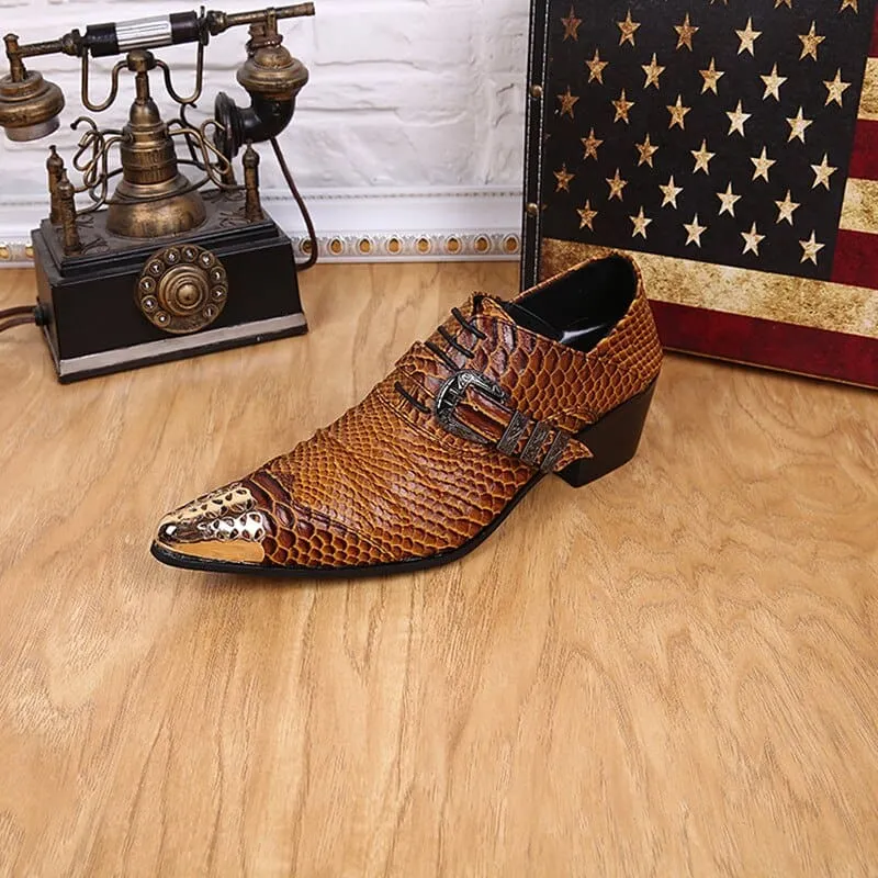 Brown Snakeskin Leather Dress Shoes with Metal Head for Men