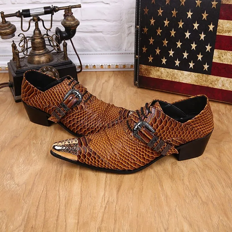 Brown Snakeskin Leather Dress Shoes with Metal Head for Men