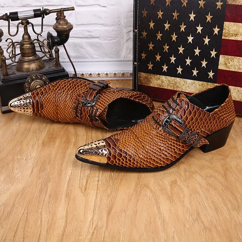 Brown Snakeskin Leather Dress Shoes with Metal Head for Men