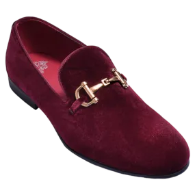 Burgundy Men's velvet Formal slip on loafers gold buckle Fancy design