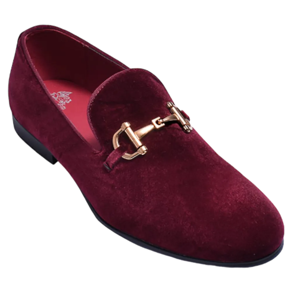 Burgundy Men's velvet Formal slip on loafers gold buckle Fancy design