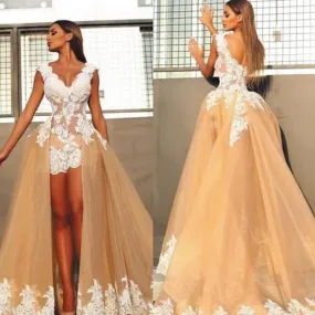 champagne prom dresses with detachable skirt lace appliqué v neck elegant prom gowns robe de soiree