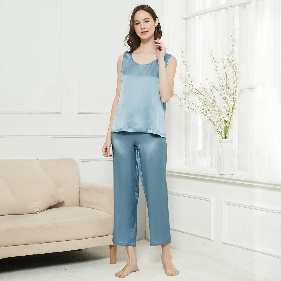 Classic Womens  Silk Tank Set 100% Mulberry Silk Sleepwear With Long pants