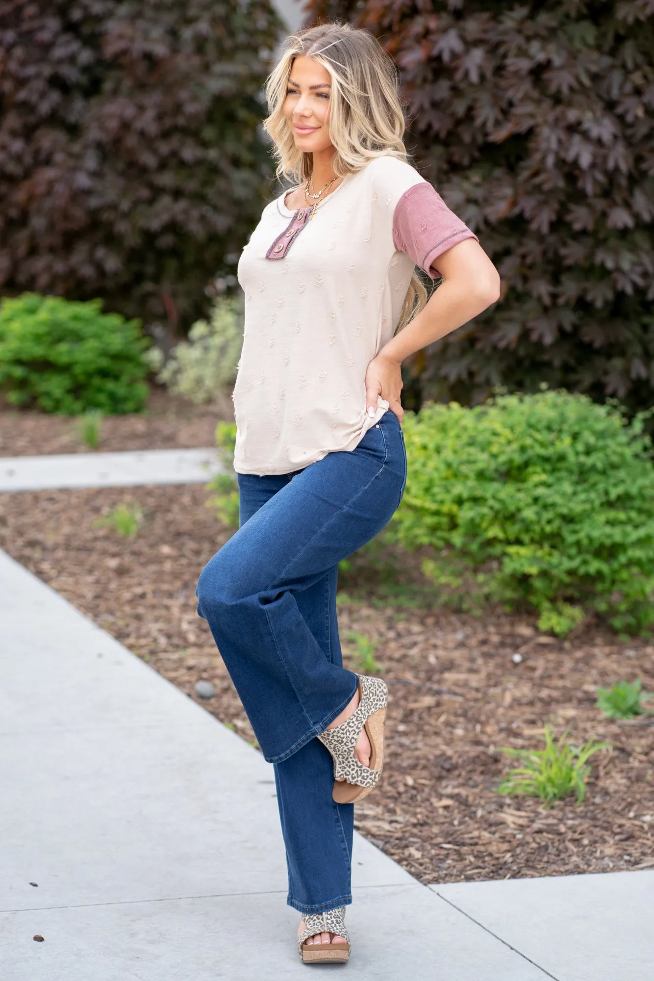 Colorblock Henley Top - Taupe