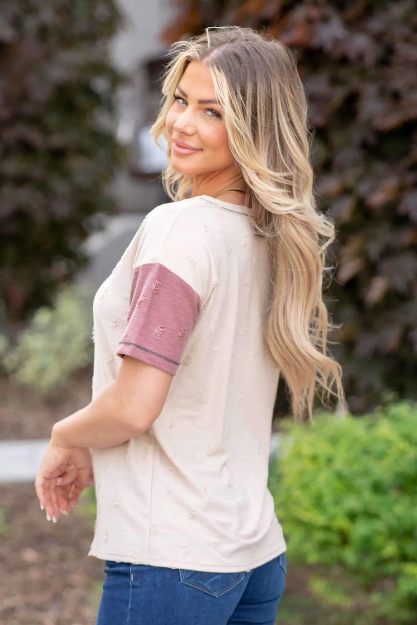 Colorblock Henley Top - Taupe