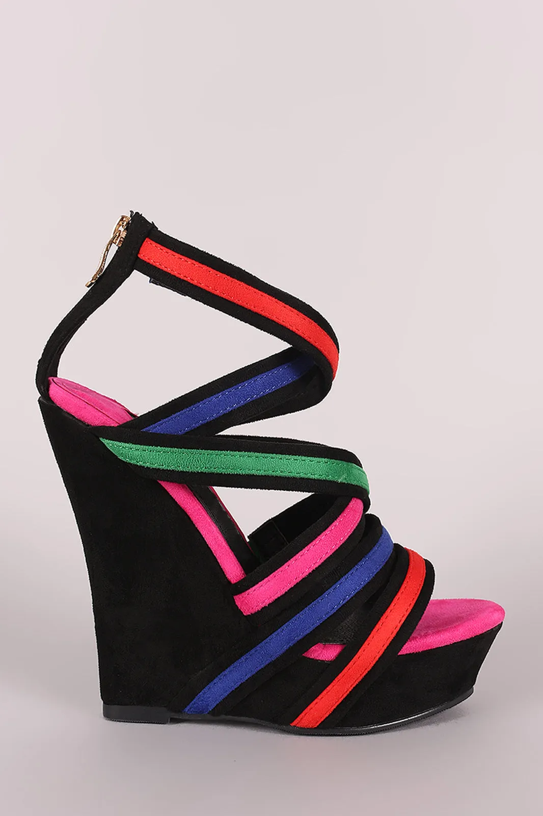 Colorblock Strappy Suede Platform Wedge