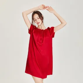 Comfortable and Simple Womens Silk Nightgown 100%  Mulberry Silk Short Sleeves Sleepwear Round Pleated Collar Nightdress