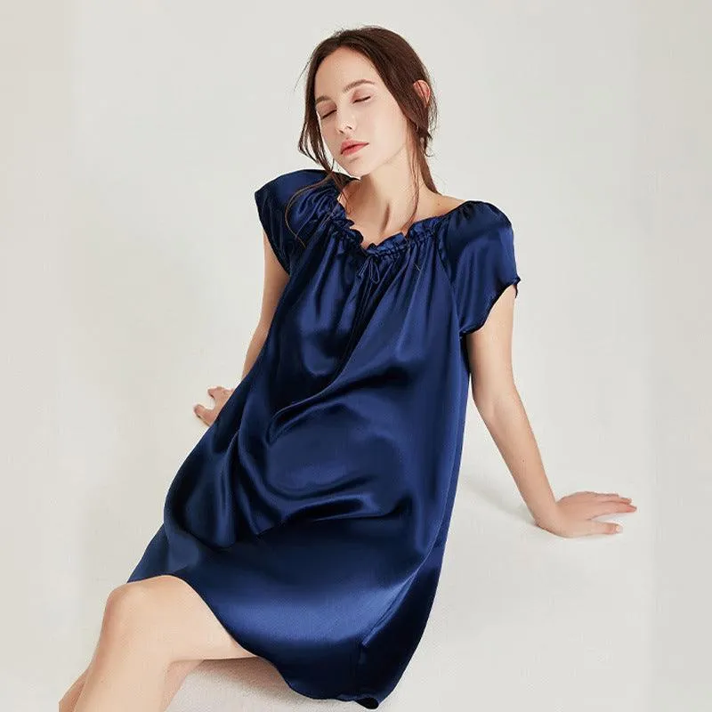 Comfortable and Simple Womens Silk Nightgown 100%  Mulberry Silk Short Sleeves Sleepwear Round Pleated Collar Nightdress