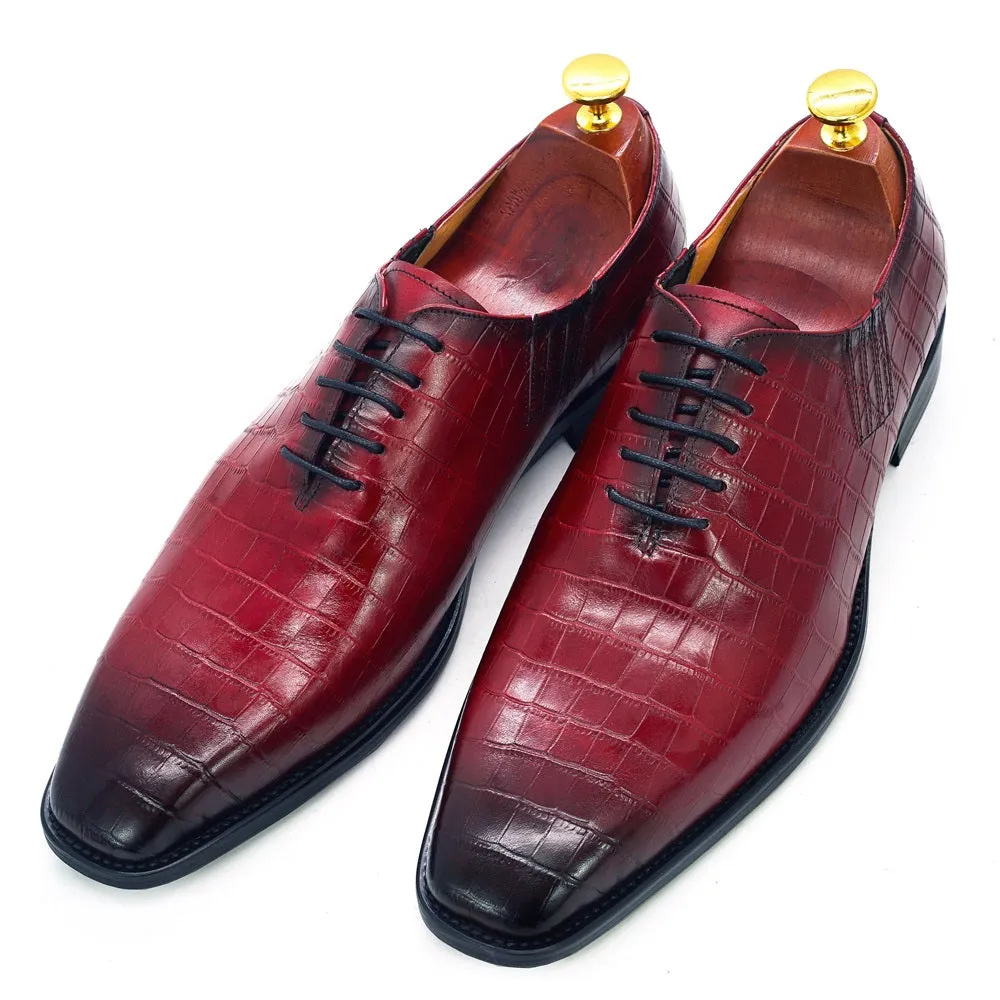 Deep Red - Men's Leather Oxford Dress Shoes (alligator print)