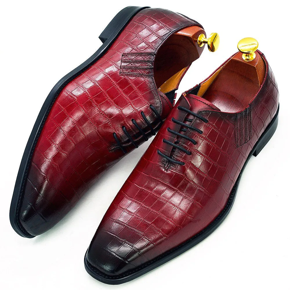 Deep Red - Men's Leather Oxford Dress Shoes (alligator print)