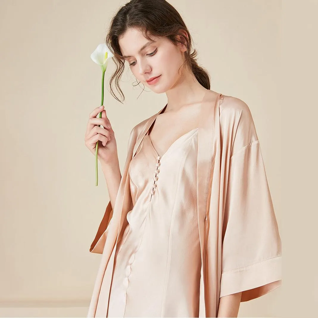 Elegant Ladies Silk Nightgown & Robe Set  Sexy Silk Sleepwear Bathrobe With A Silk Slip dress braces skirt