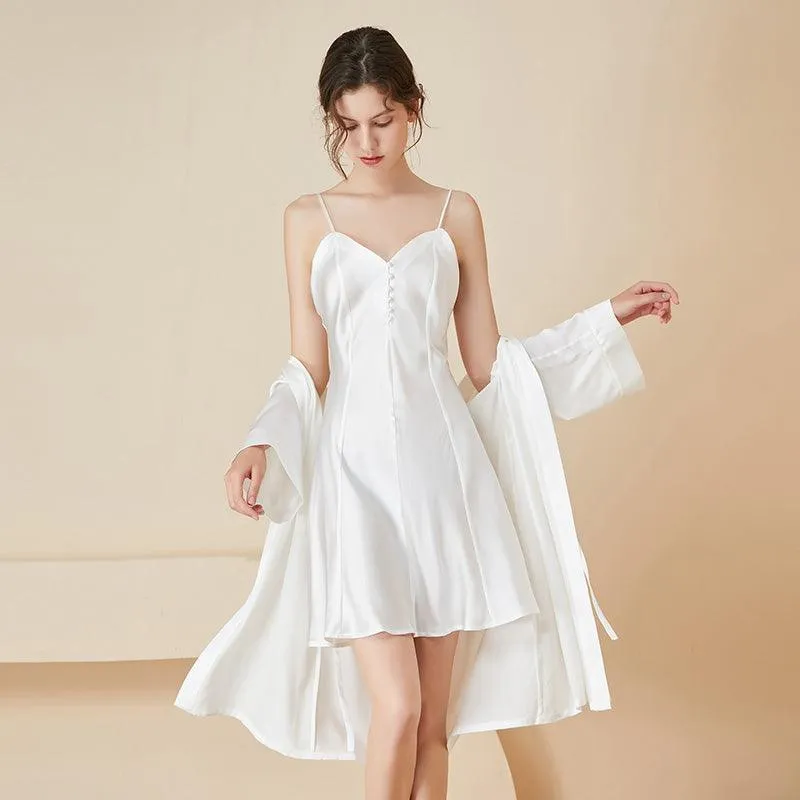 Elegant Ladies Silk Nightgown & Robe Set  Sexy Silk Sleepwear Bathrobe With A Silk Slip dress braces skirt