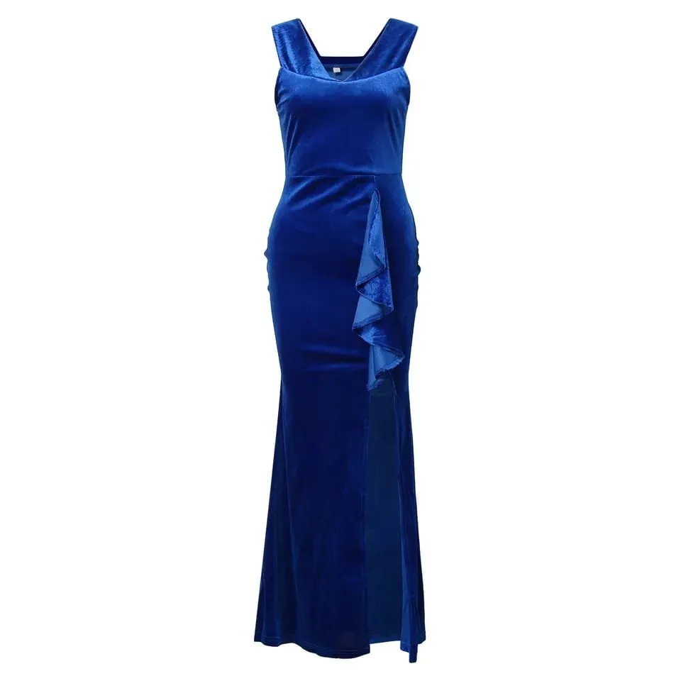 Elegant Off Shoulder Long Blue Dress Women's Sleeveless Velvet Formal High Slit Evening Long Dress Evening Party Dress Gowns XL B-38006