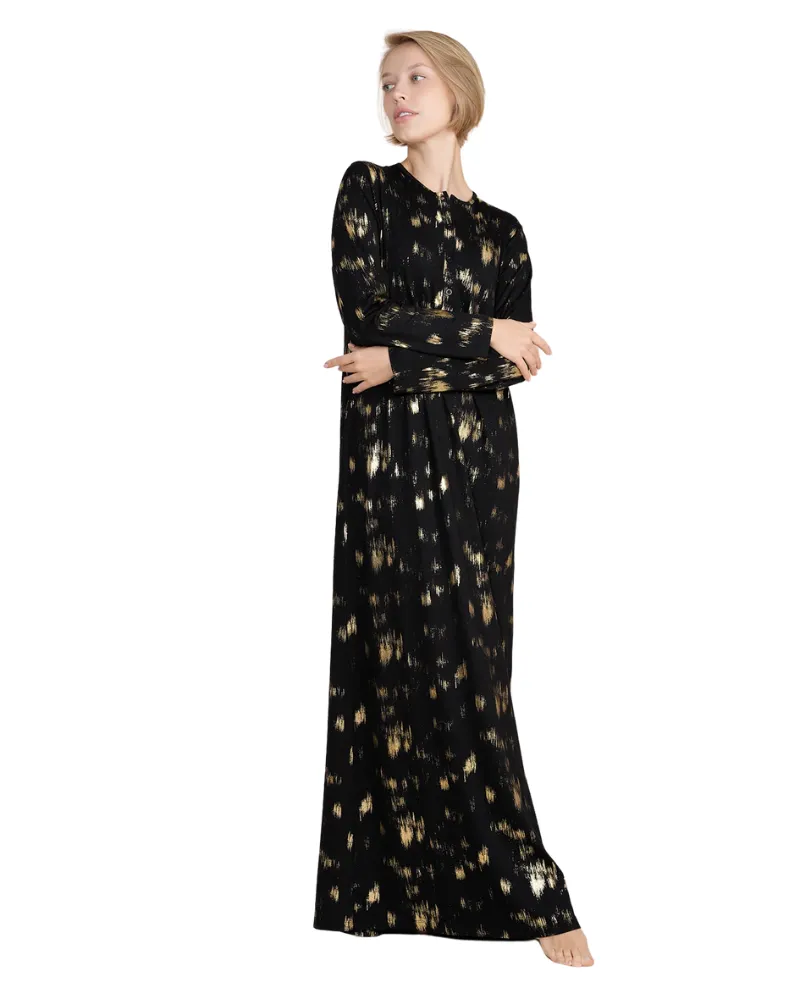 Ellwi Gold Brush Strokes Black Button Down Cotton Nightgown