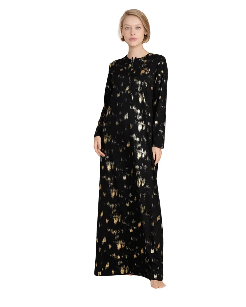 Ellwi Gold Brush Strokes Black Button Down Cotton Nightgown