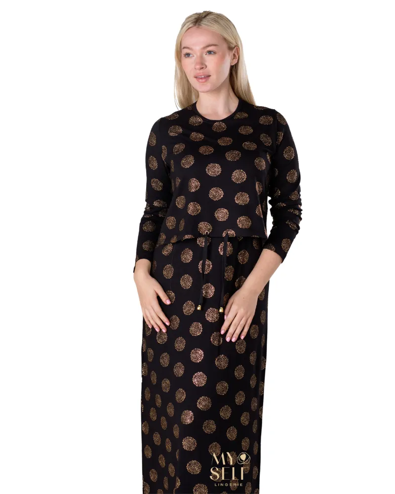 Ellwi Gold Circular Foil Black Cotton Nursing Nightgown