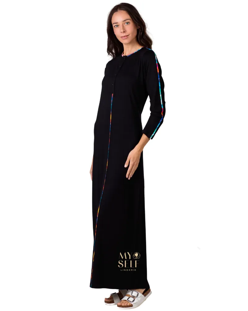 Ellwi Multicolor Piping Black Button Down Cotton Nightgown