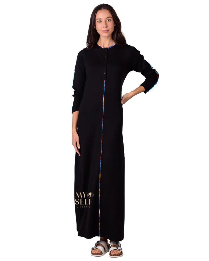 Ellwi Multicolor Piping Black Button Down Cotton Nightgown