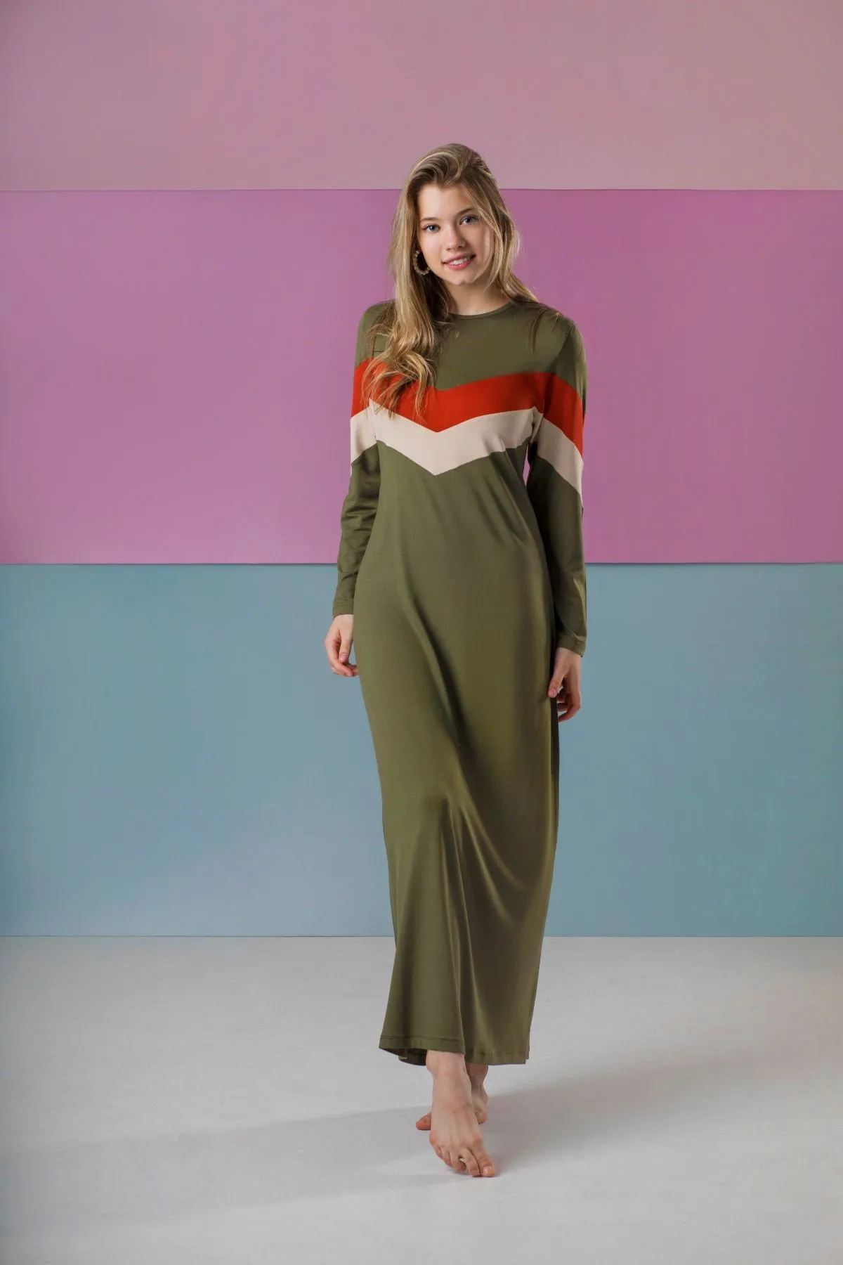 Ellwi Olive Colorblock Pull On Modal Nightgown