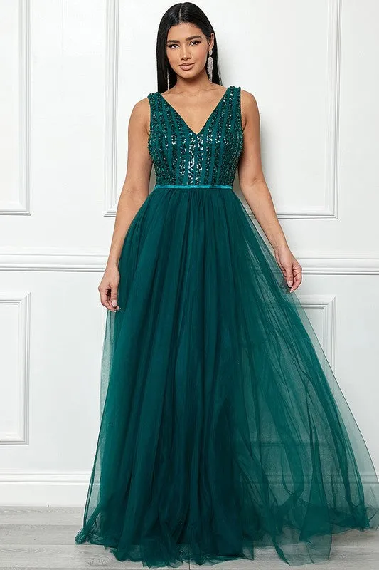 Emerald Sleeveless Sequin Top Tulle Maxi Dress