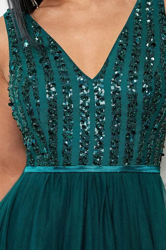 Emerald Sleeveless Sequin Top Tulle Maxi Dress